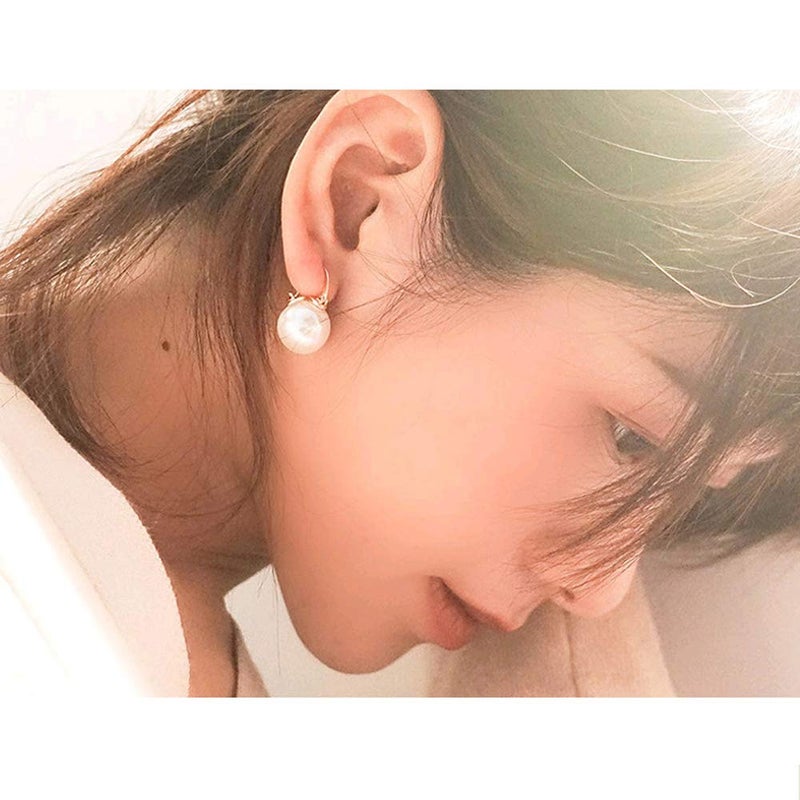 OwMell Elegant 925 Sterling Silver Pearl Drop Earrings Dangle Stud Gold Plated Earrings for Women Large Size 12mm - Gold - Image 4